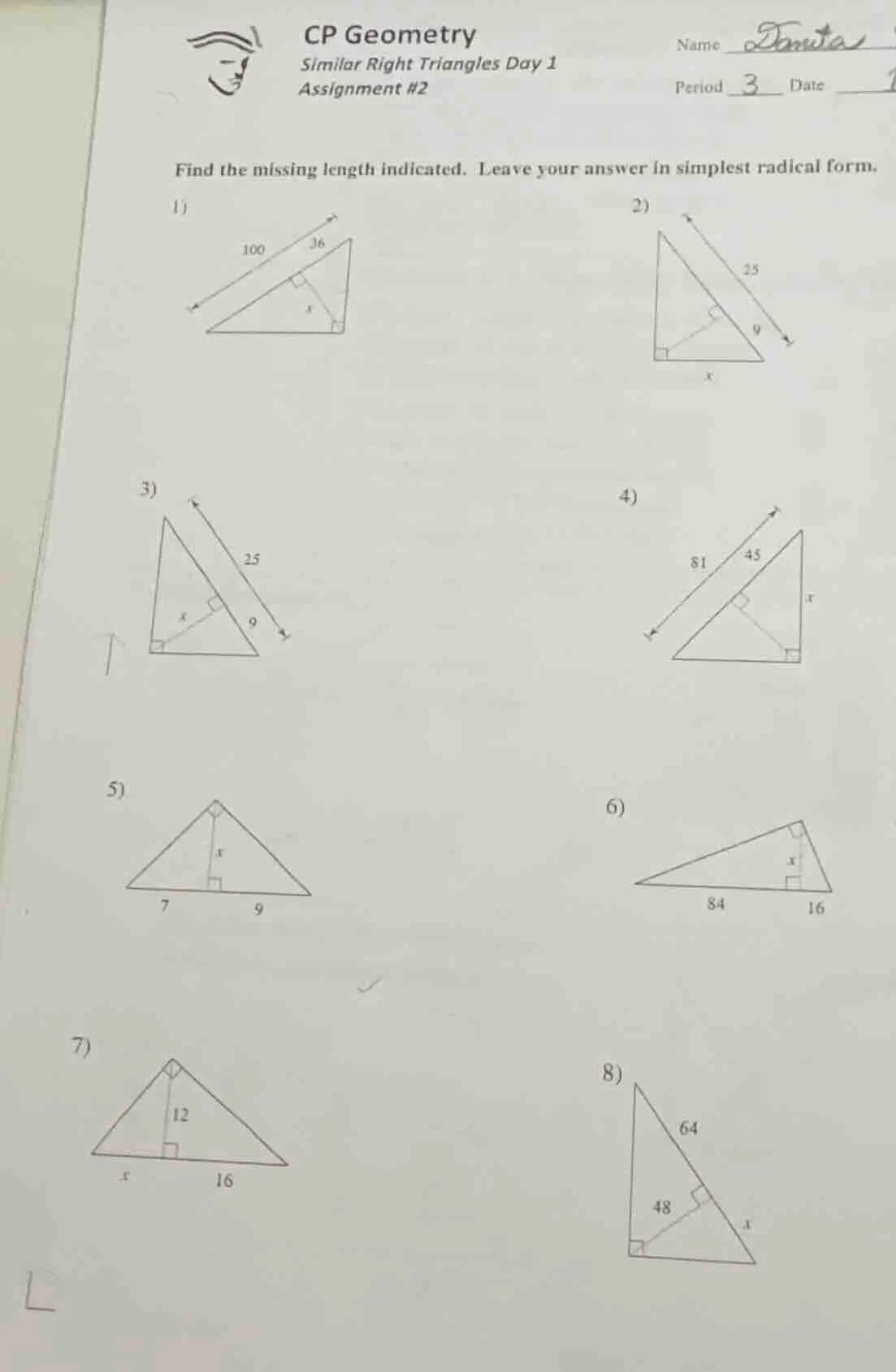 cp geometry similar right triangles day 1 assignment #2 name period dat…