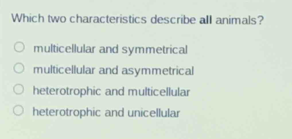 which two characteristics describe all animals? multicellular and symme…