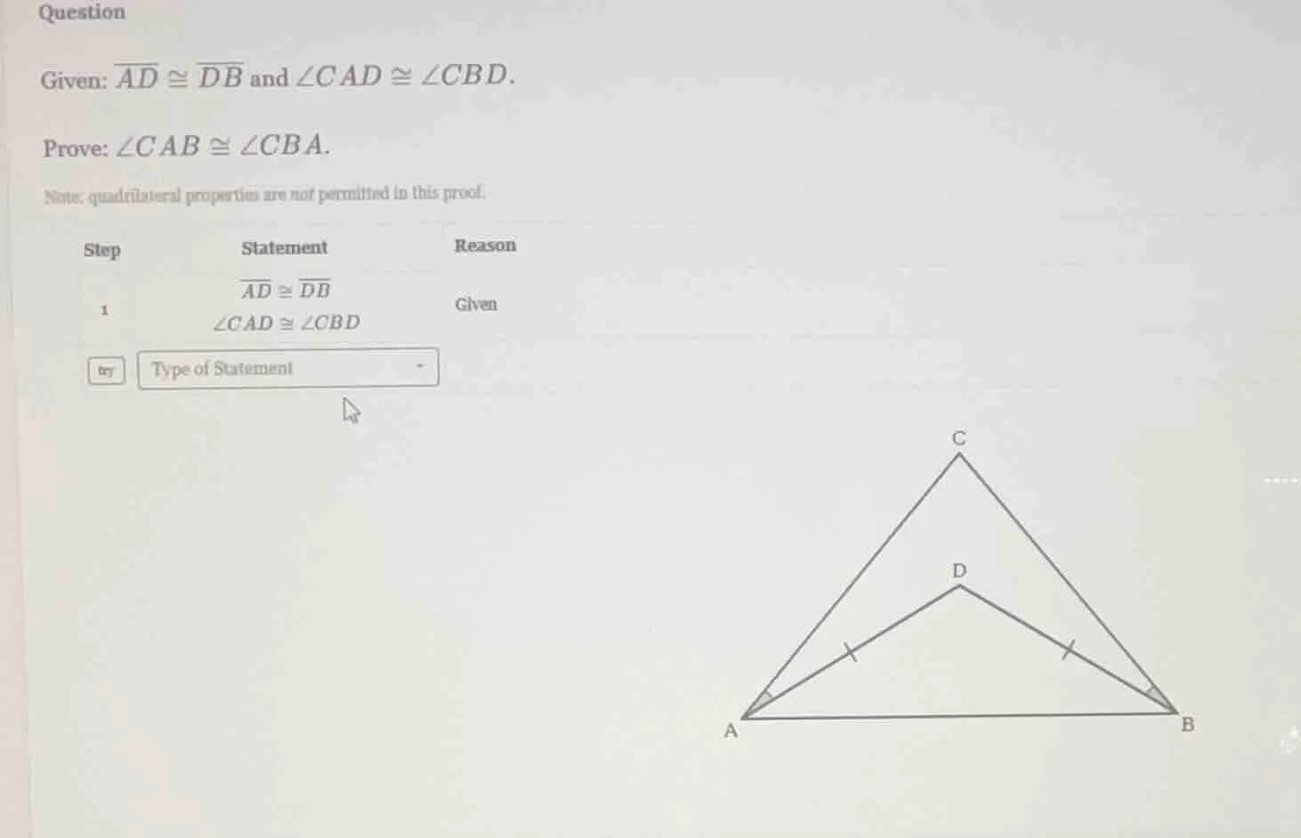 question given: \\(\\overline{ad} \\cong \\overline{db}\\) and \\(\\ang…