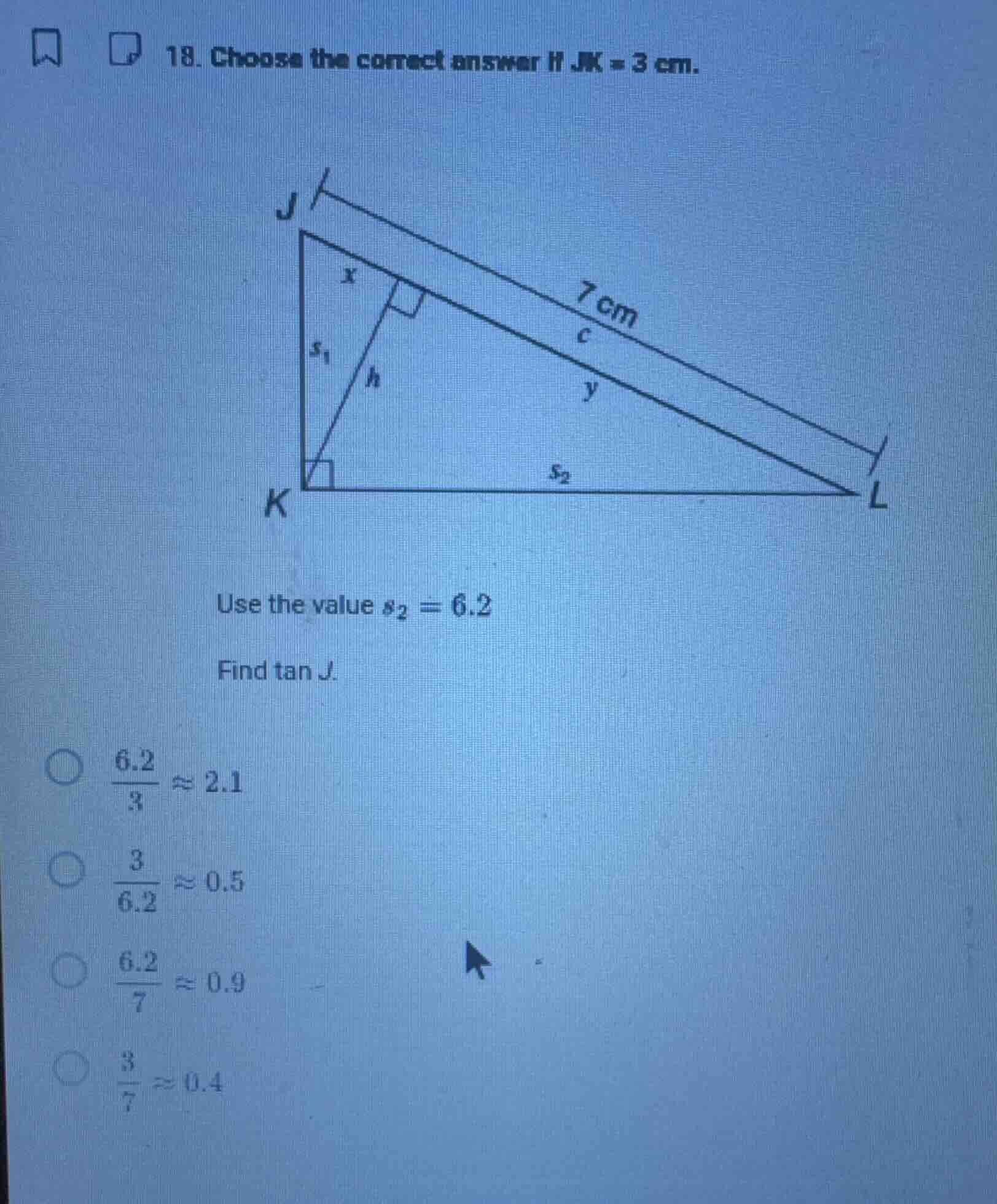 18. choose the correct answer if jk = 3 cm. use the value $s_2 = 6.2$ f…