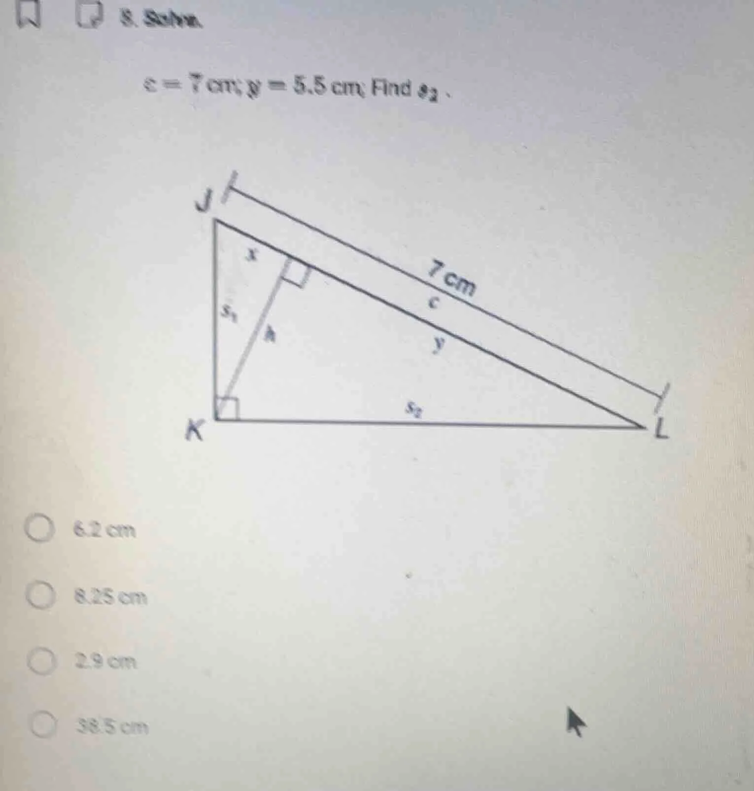 c = 7 cm; y = 5.5 cm; find ( s_2 ).