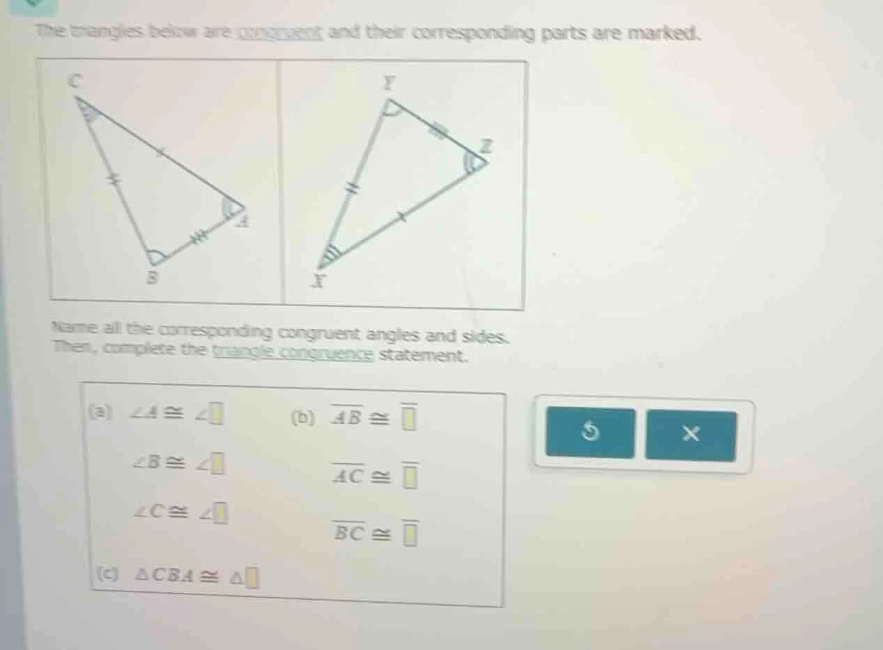 the triangles below are congruent and their corresponding parts are mar…