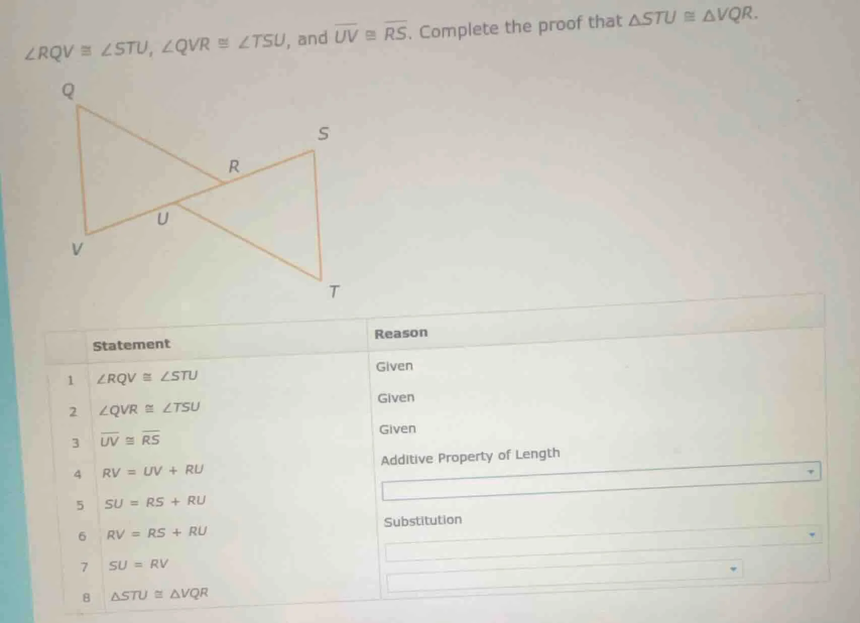 $angle rqv cong angle stu$, $angle qvr cong angle tsu$, and $overline{u…