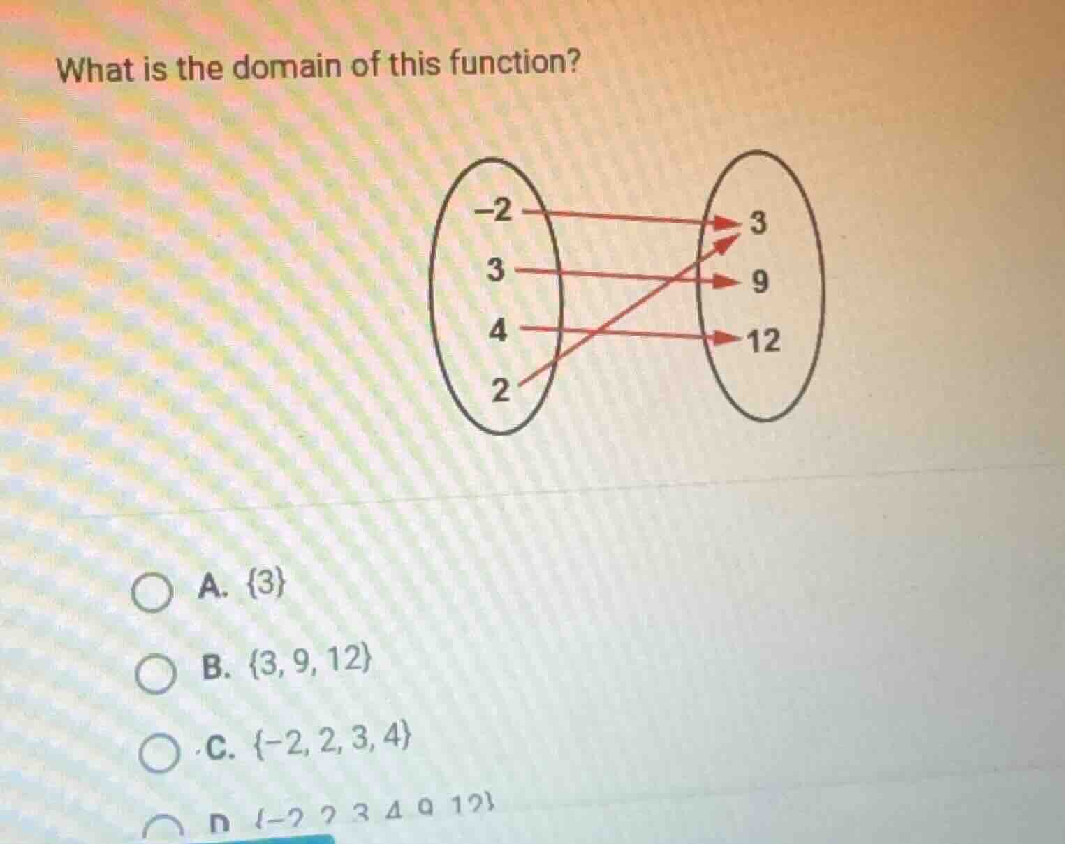 what is the domain of this function? a. {3} b. {3, 9, 12} c. {-2, 2, 3,…