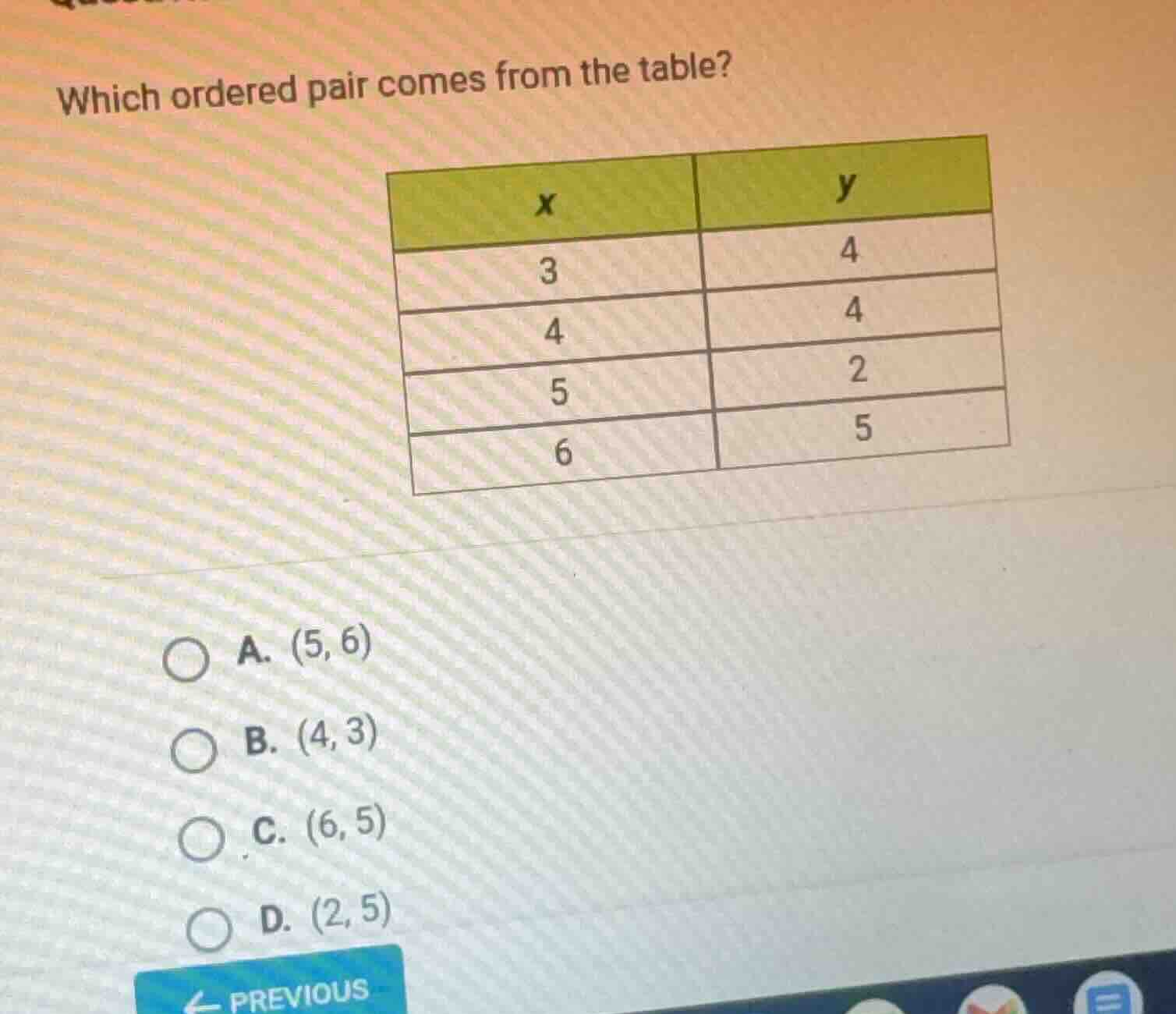 which ordered pair comes from the table? | x | y | | 3 | 4 | | 4 | 4 | …