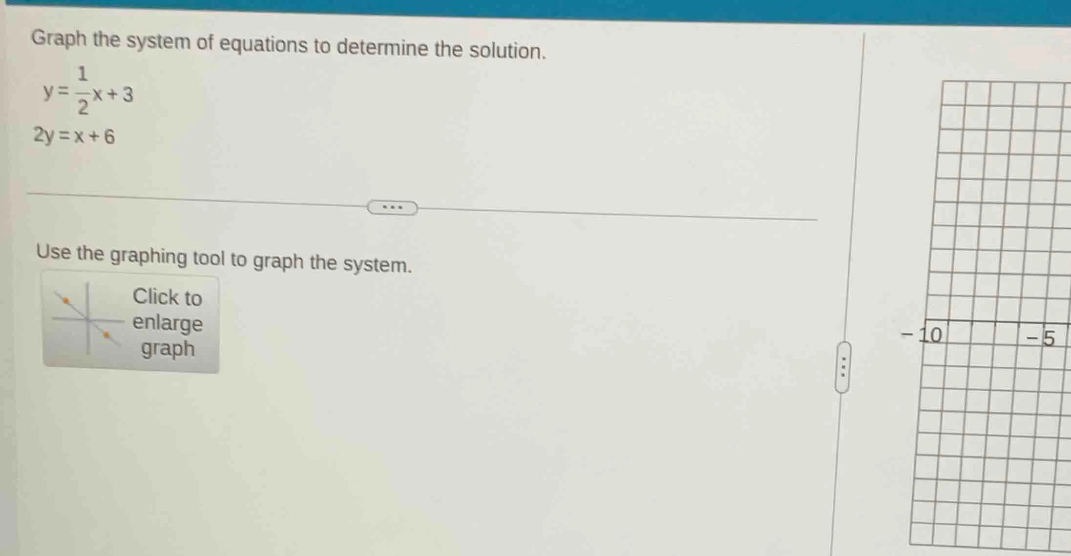 graph the system of equations to determine the solution. $y = \\frac{1}…