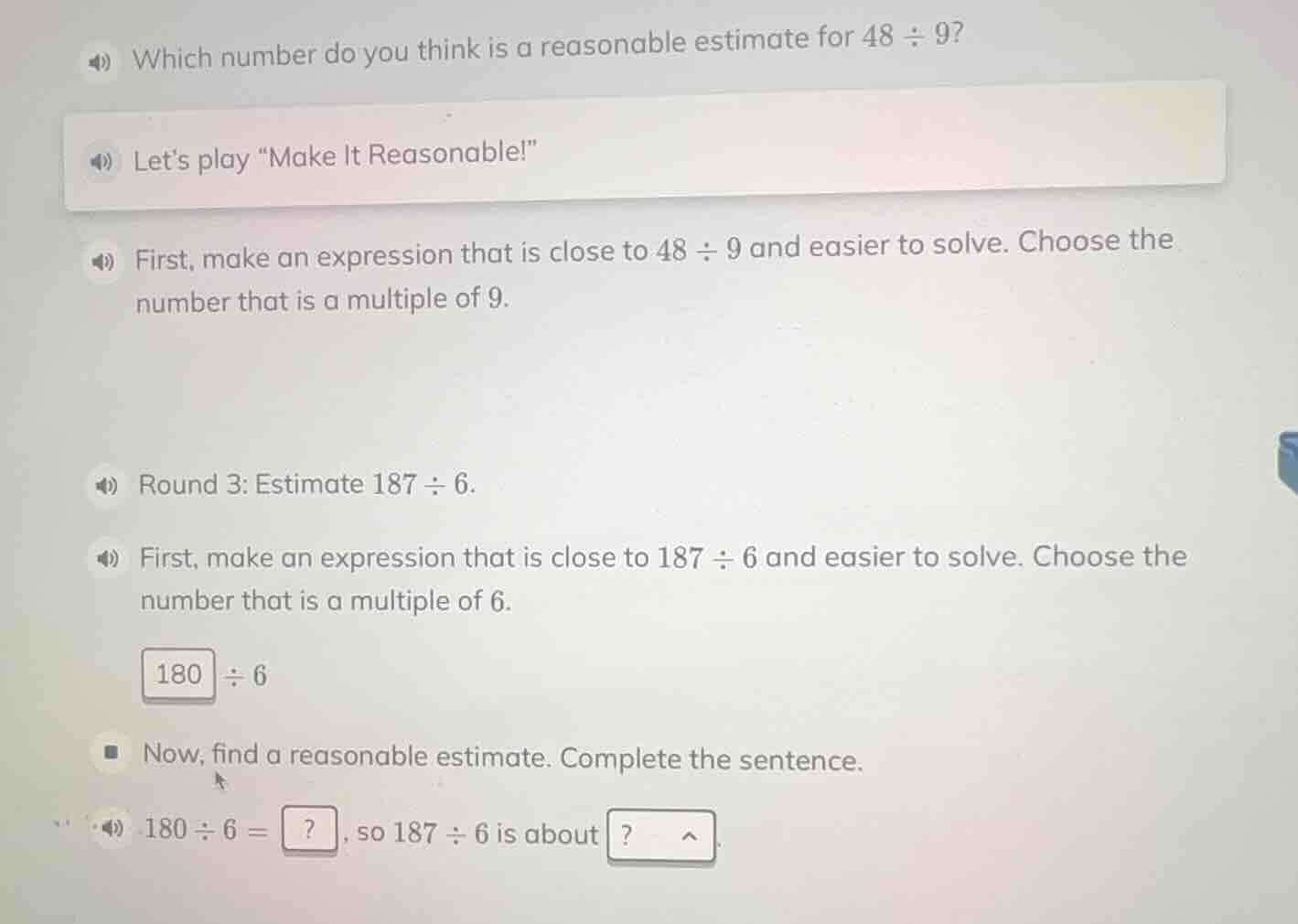 which number do you think is a reasonable estimate for $48 \\div 9$? le…