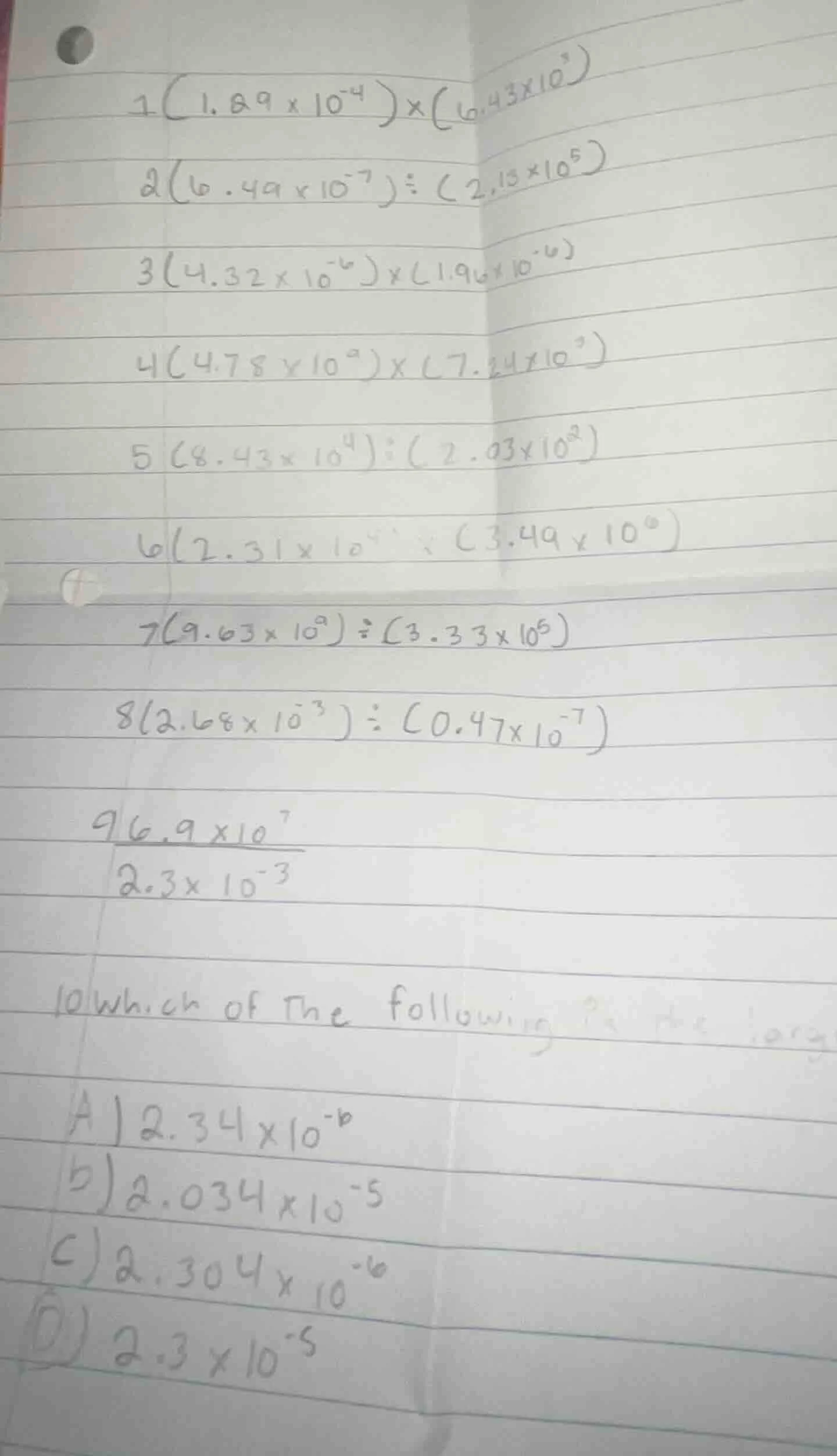 1 (1.89×10⁻⁴)×(0.43×10³) 2 (0.49×10⁻⁷)÷(2.15×10⁵) 3 (4.32×10⁻⁶)×(1.96×1…