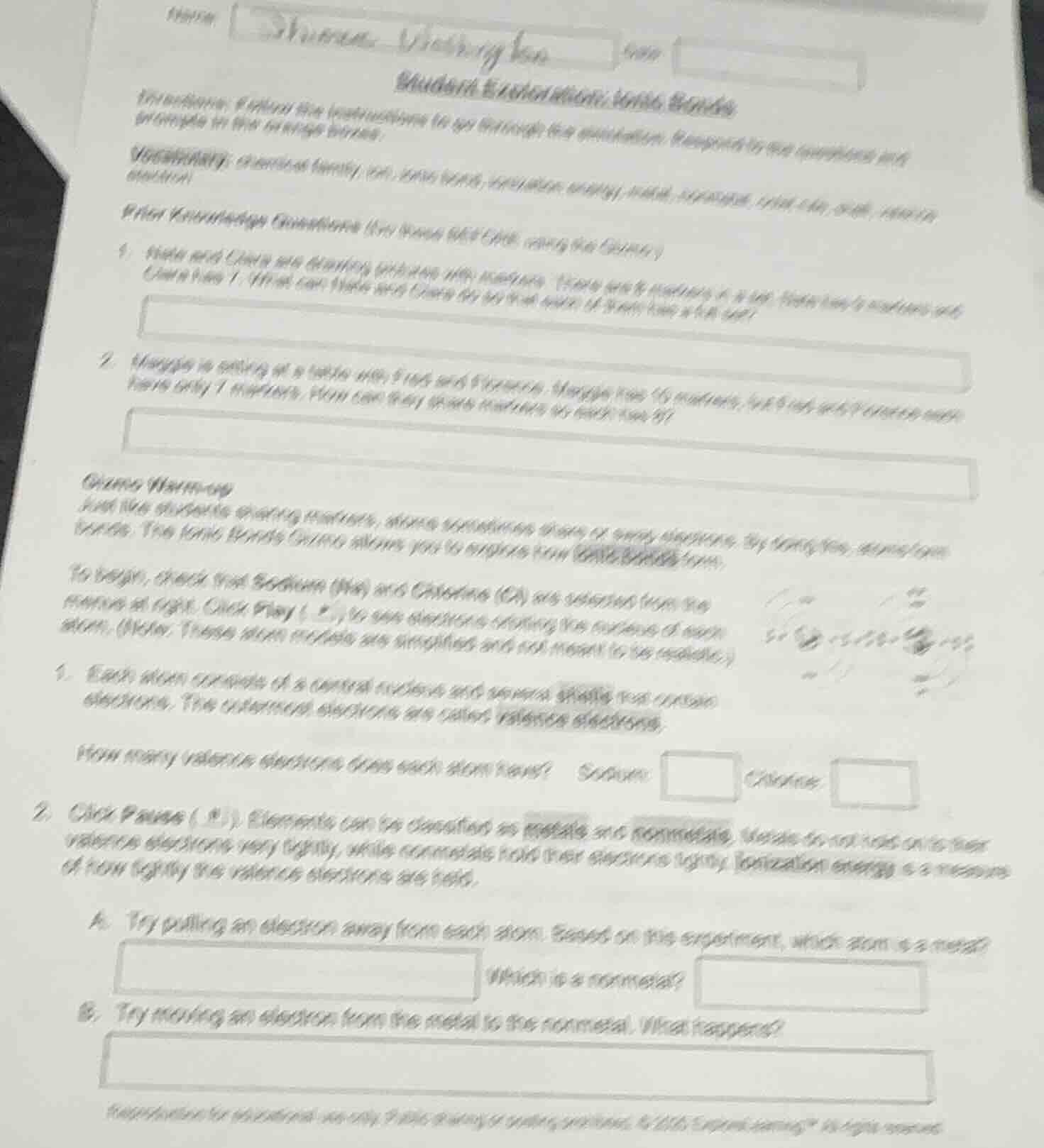 name student exploration: ionic bonds introduction: follow the instruct…