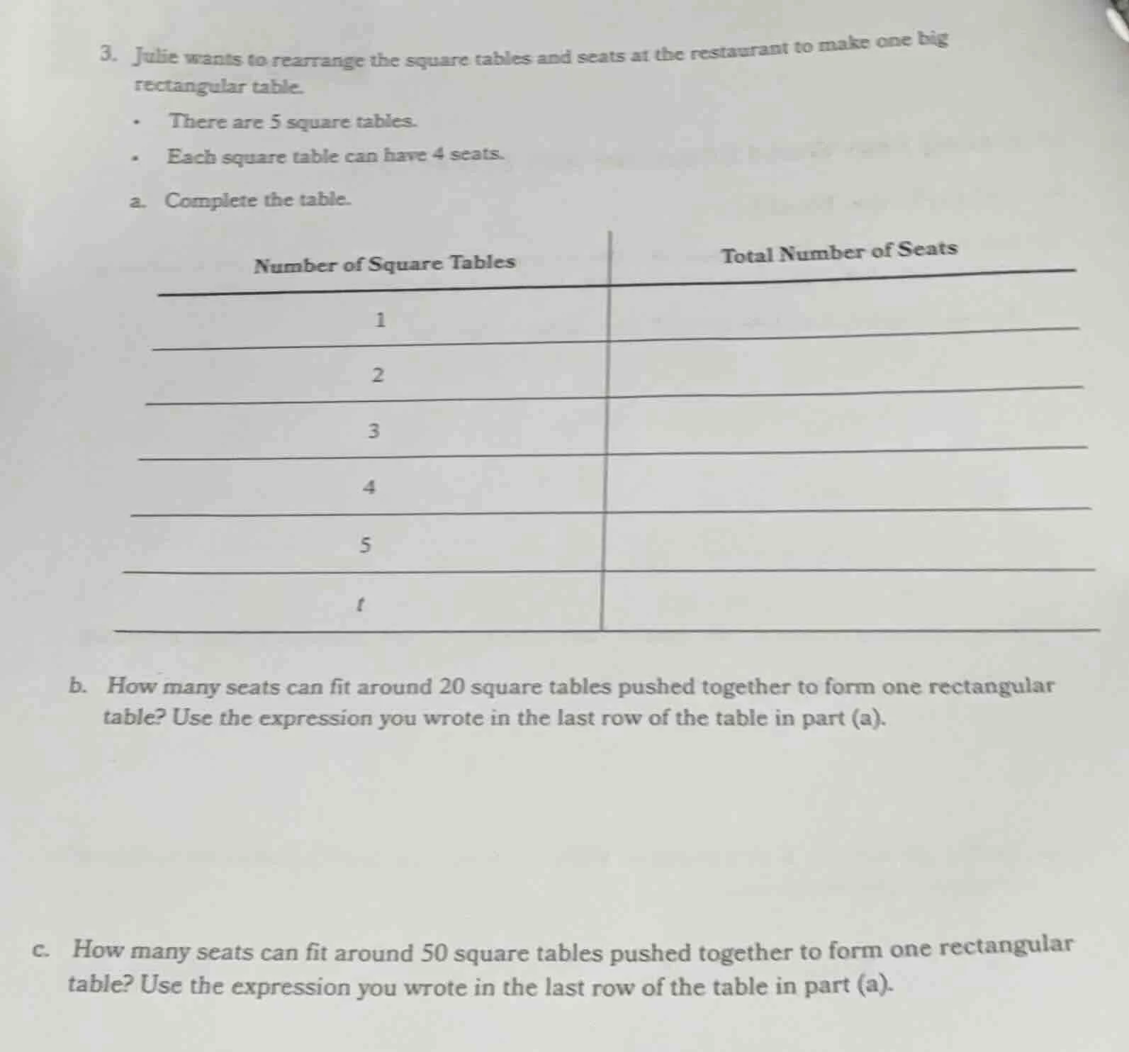 3. julie wants to rearrange the square tables and seats at the restaura…