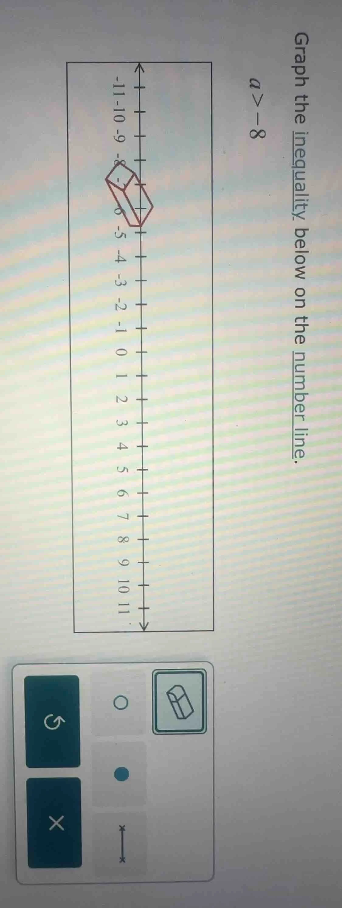 graph the inequality below on the number line. a > -8