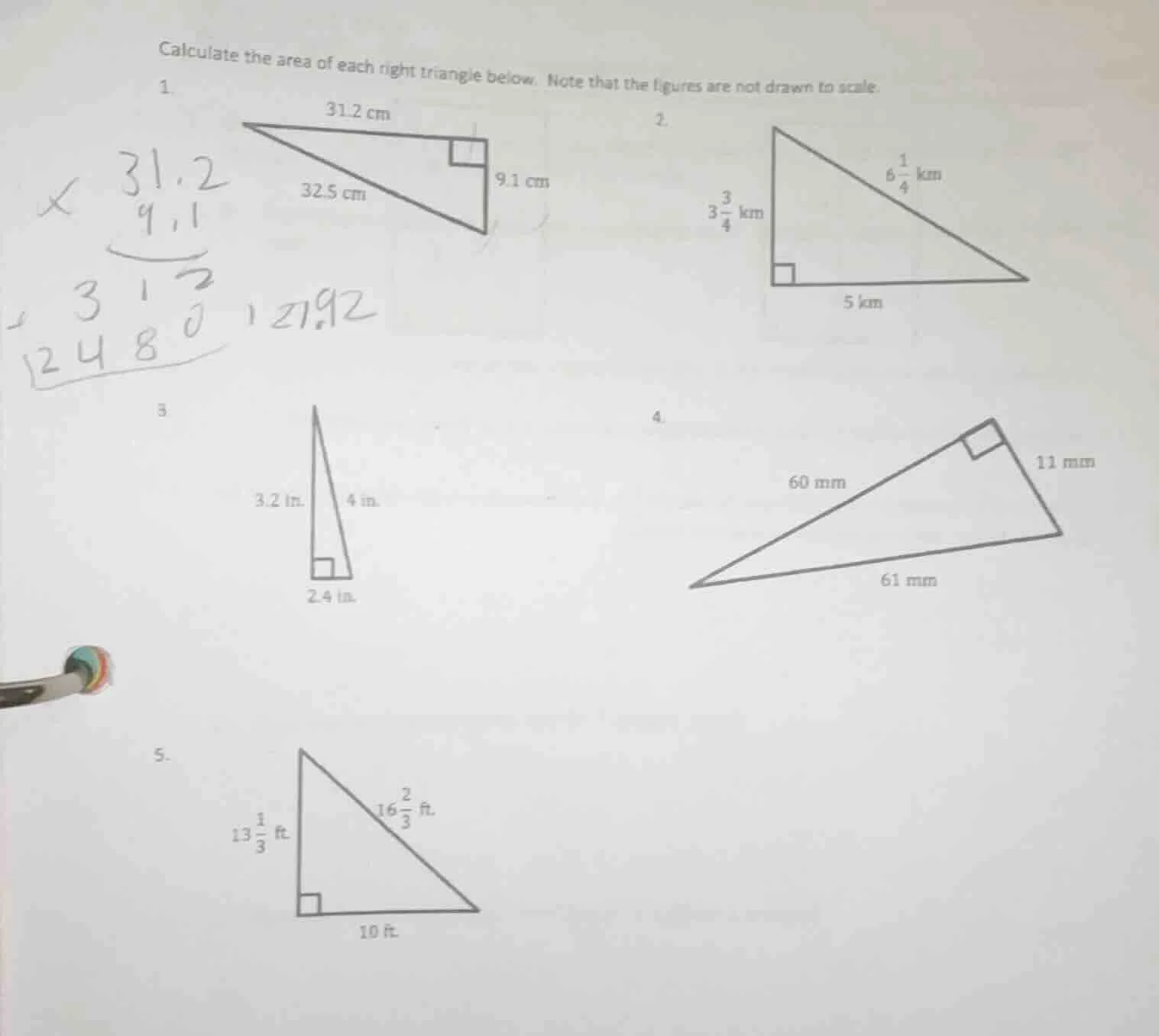 calculate the area of each right triangle below. note that the figures …