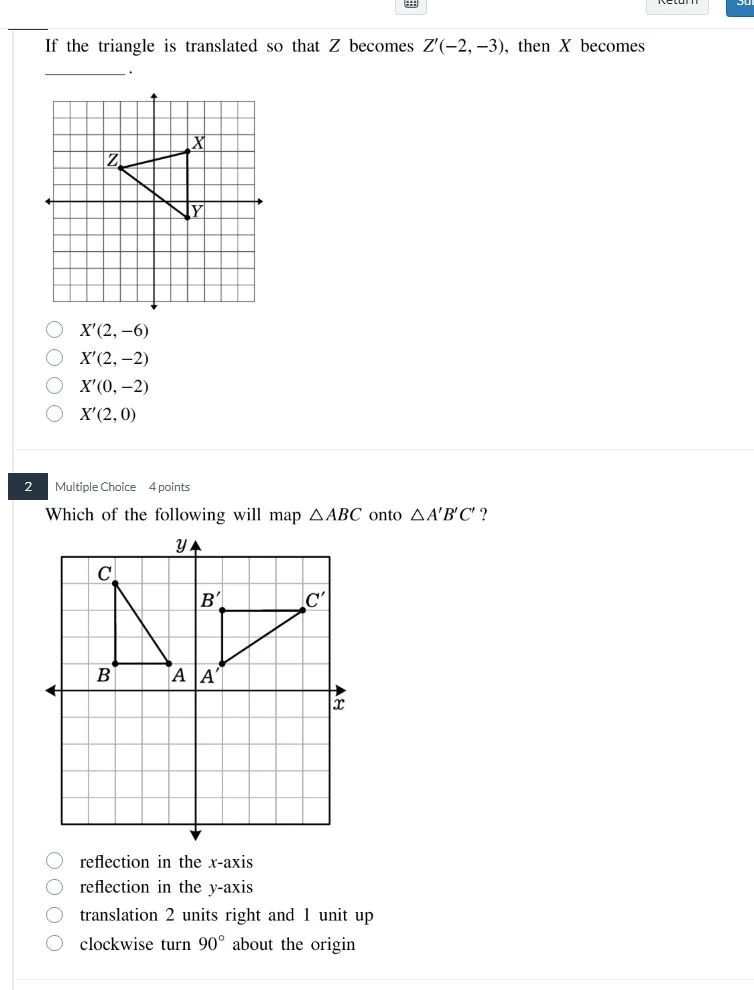 if the triangle is translated so that z becomes z(-2, -3), then x becom…