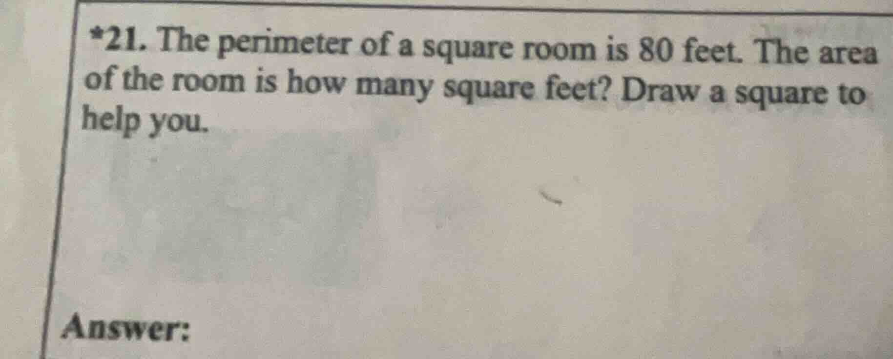 *21. the perimeter of a square room is 80 feet. the area of the room is…
