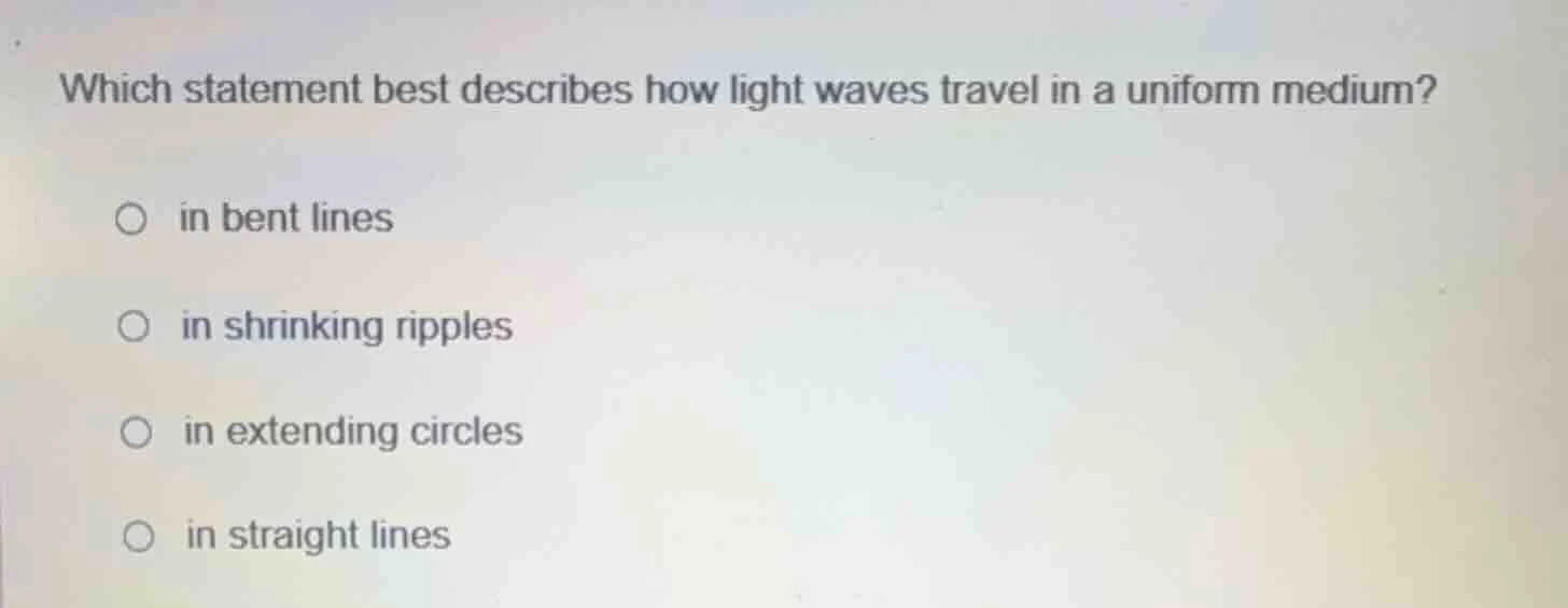 which statement best describes how light waves travel in a uniform medi…