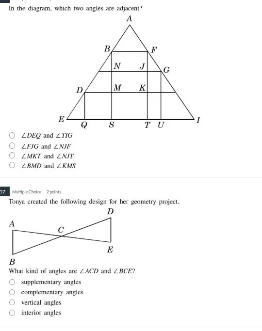 in the diagram, which two angles are adjacent? options: $\\angle deq$ a…
