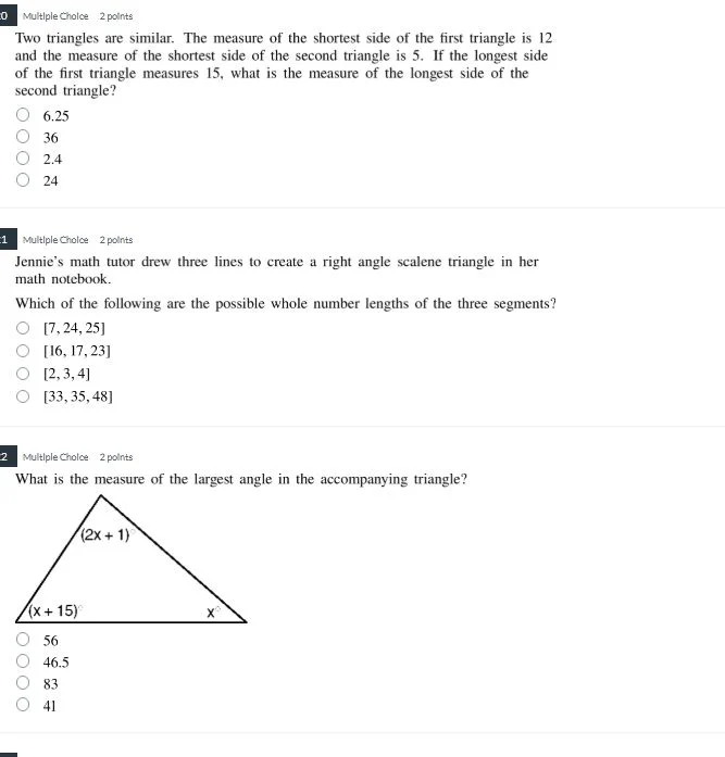 0 multiple choice 2 points two triangles are similar. the measure of th…