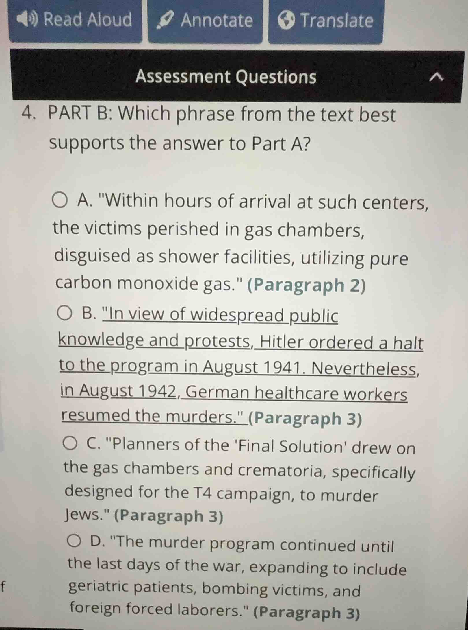 4. part b: which phrase from the text best supports the answer to part …