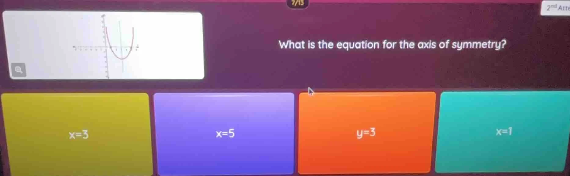 what is the equation for the axis of symmetry? options: x=3, x=5, y=3, …