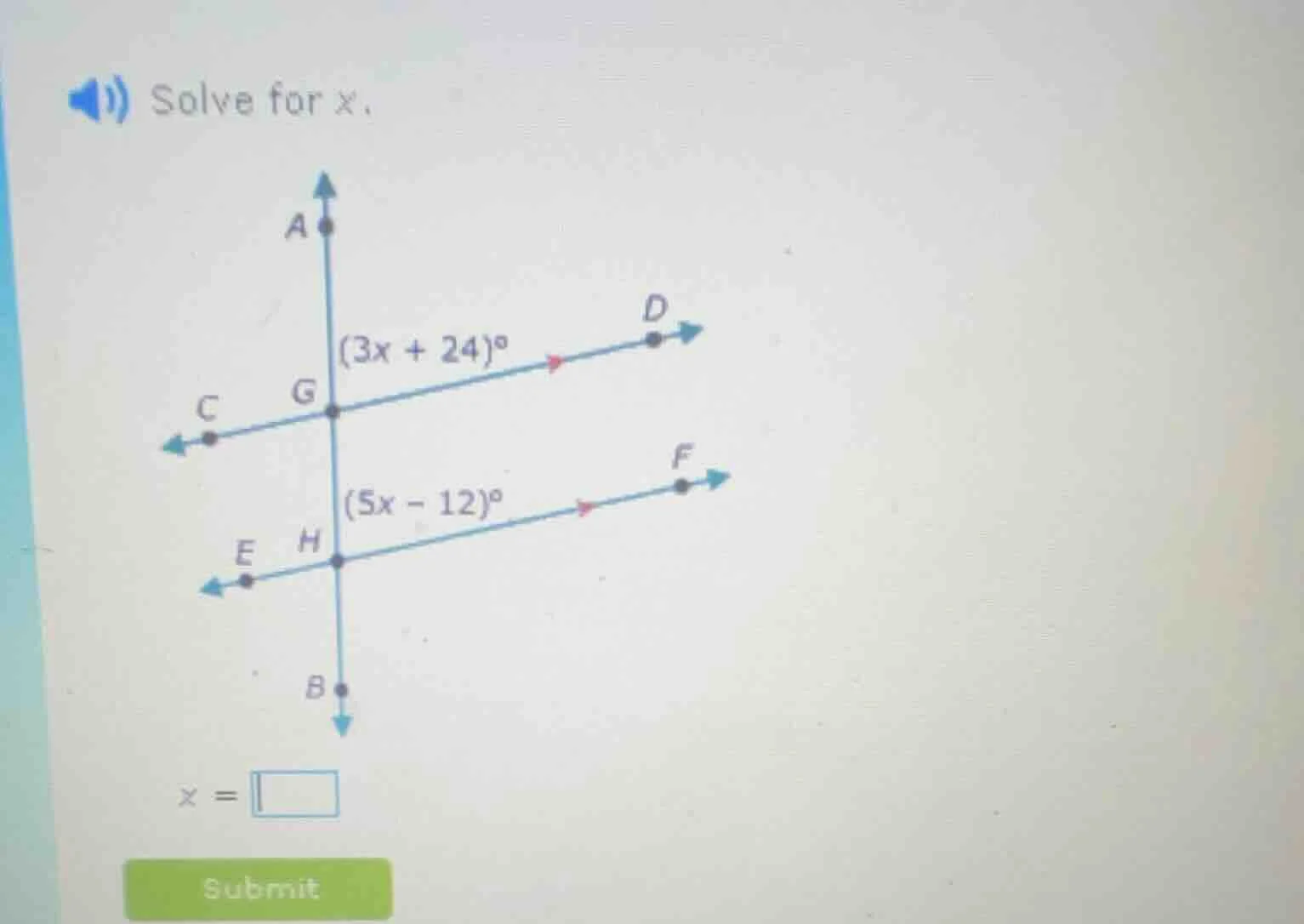 solve for x. (3x + 24)° (5x - 12)° x = submit