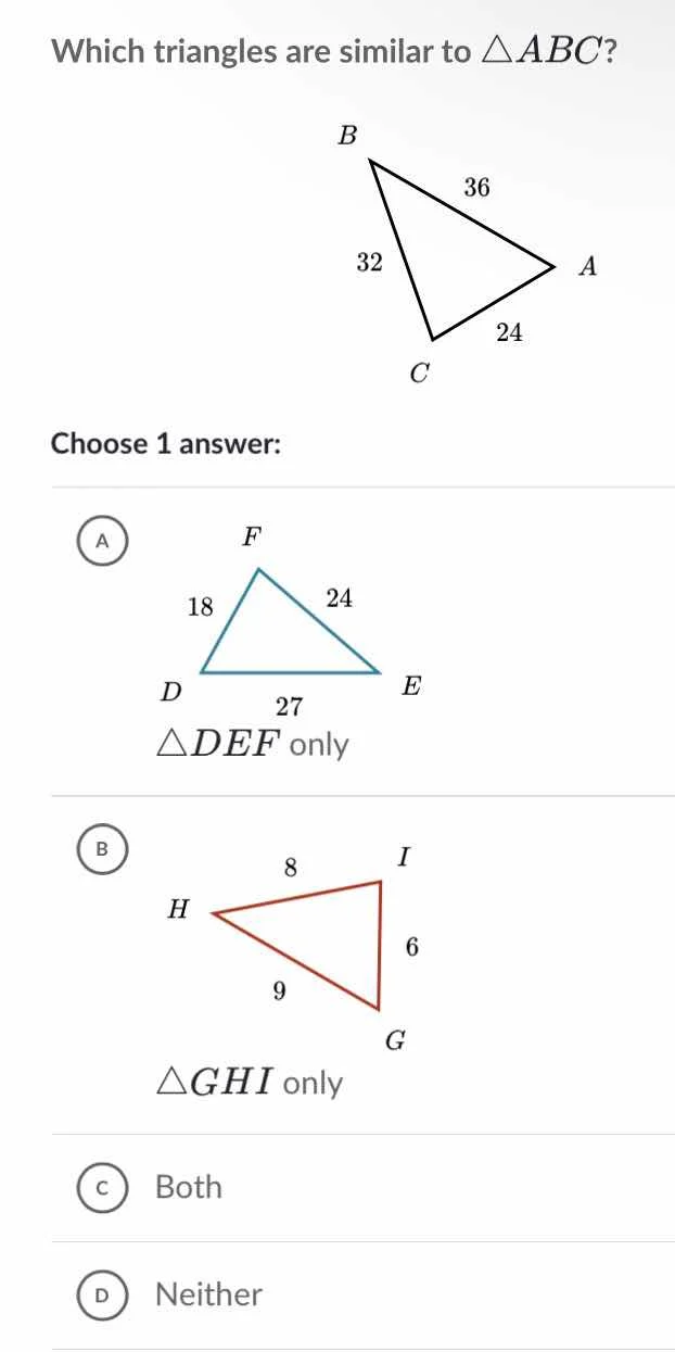 which triangles are similar to $\\triangle abc$? choose 1 answer: a $\\…