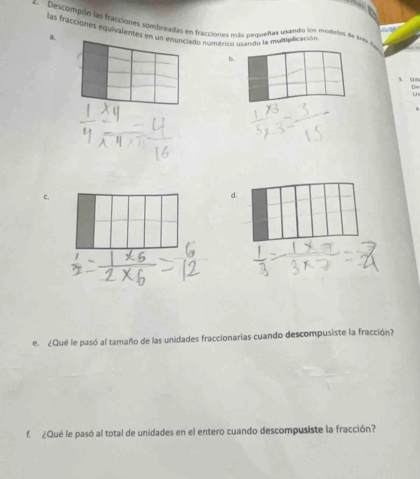 2. descompón las fracciones sombreadas en fracciones más pequeñas usand…
