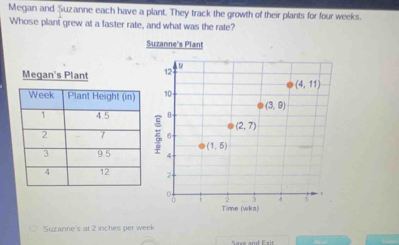 megan and suzanne each have a plant. they track the growth of their pla…