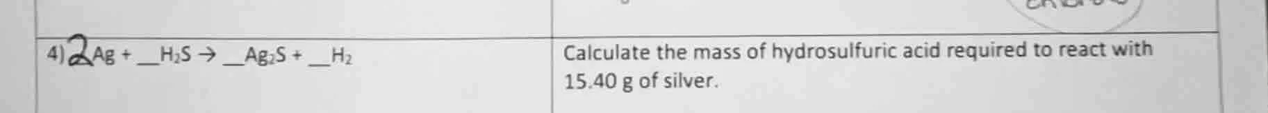 4) 2ag + __h₂s → __ag₂s + __h₂ calculate the mass of hydrosulfuric acid…