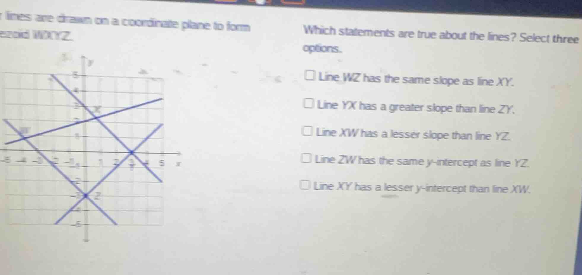 lines are drawn on a coordinate plane to form quadrilateral wxyz. which…