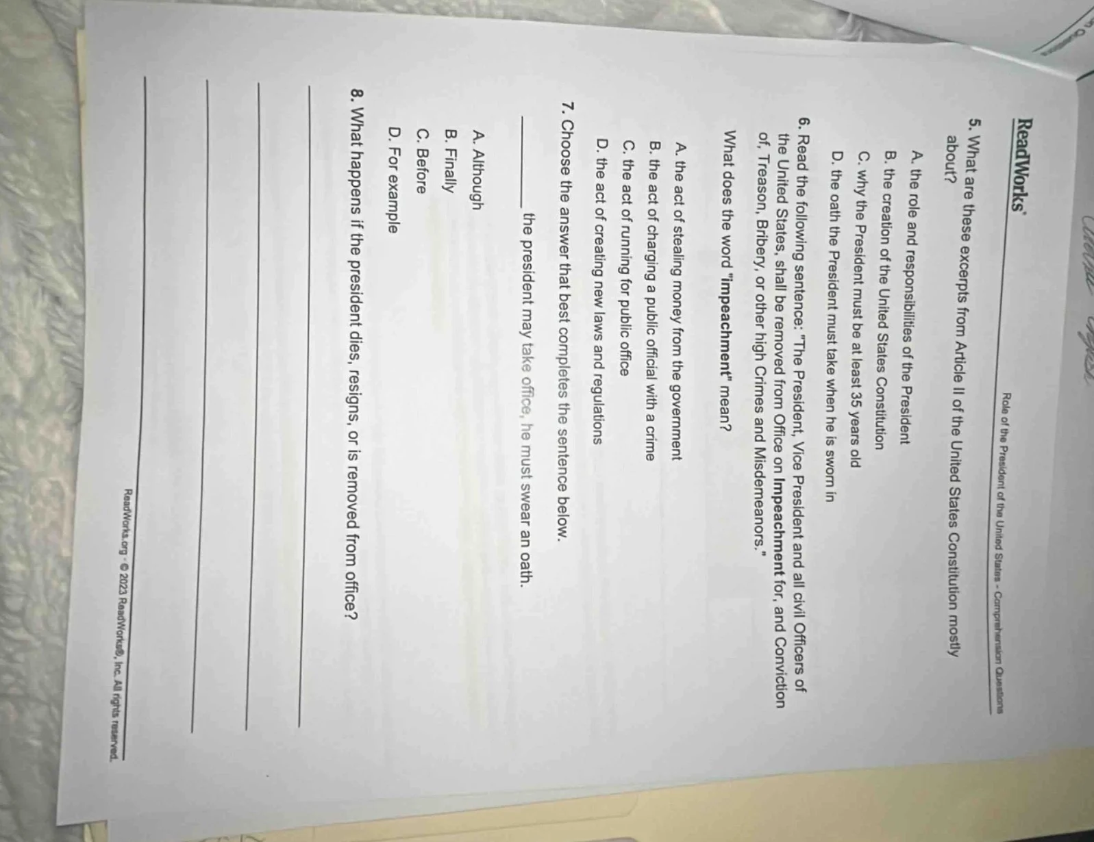 readworks role of the president of the united states - comprehension qu…