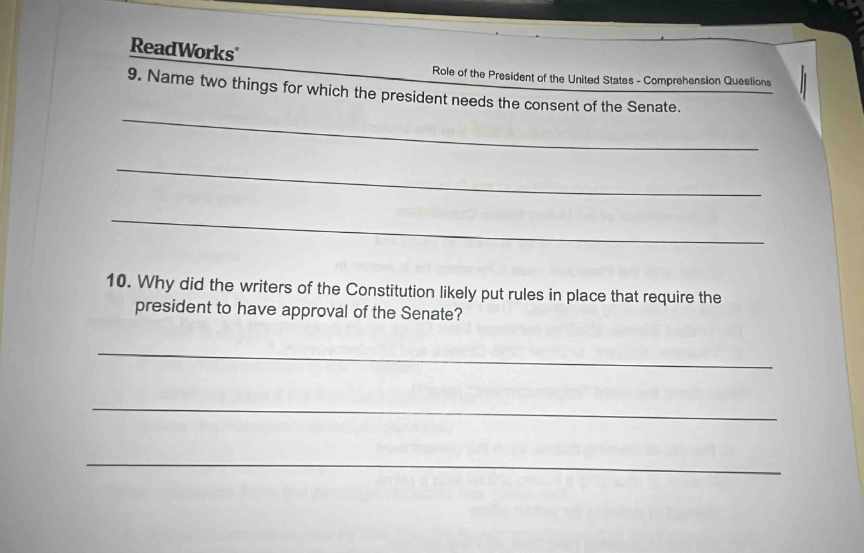 readworks role of the president of the united states - comprehension qu…