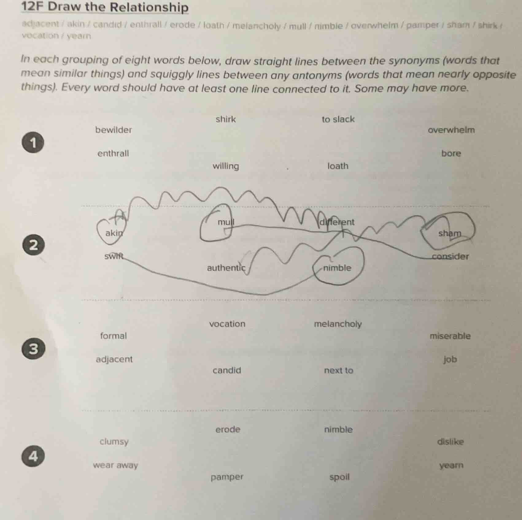 12f draw the relationship adjacent / akin / candid / enthrall / erode /…