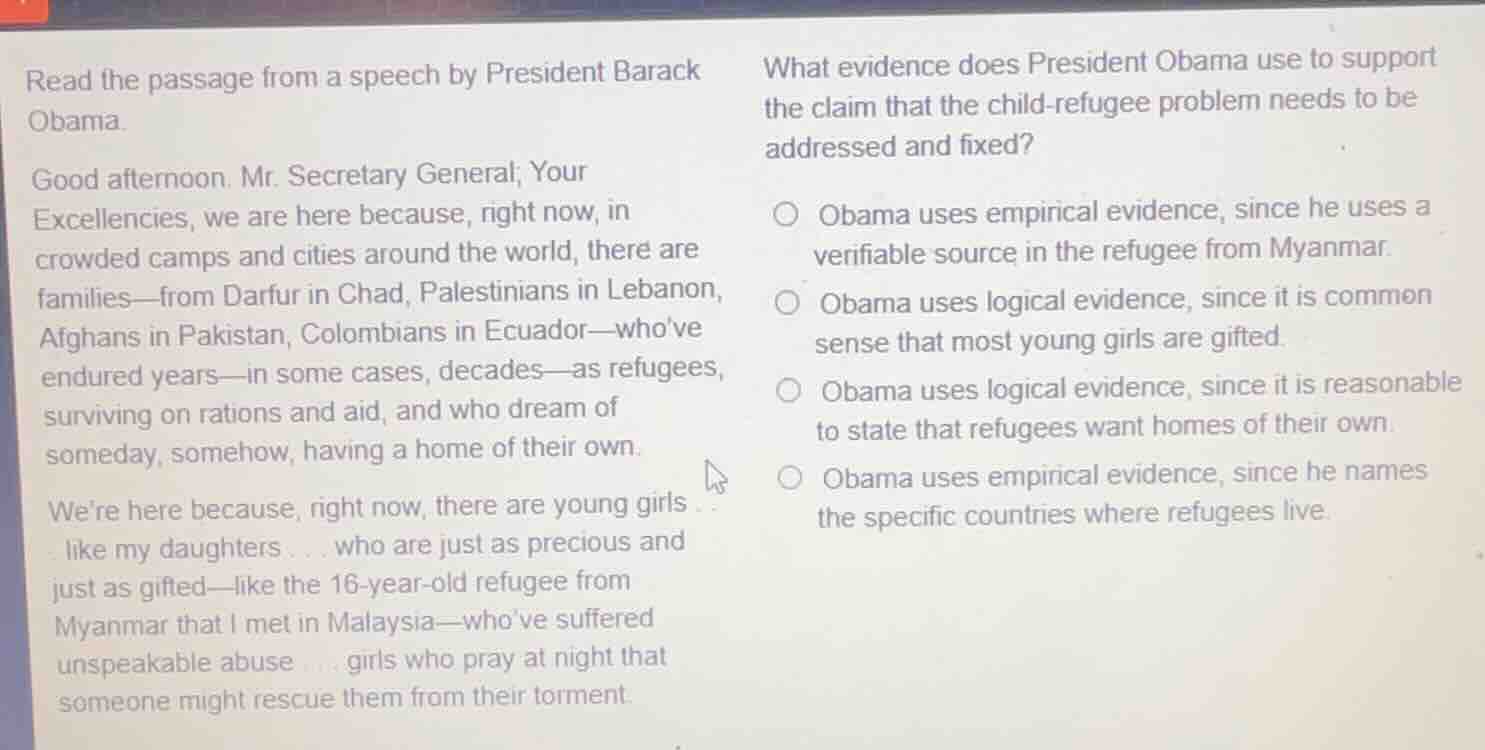 read the passage from a speech by president barack obama. good afternoo…