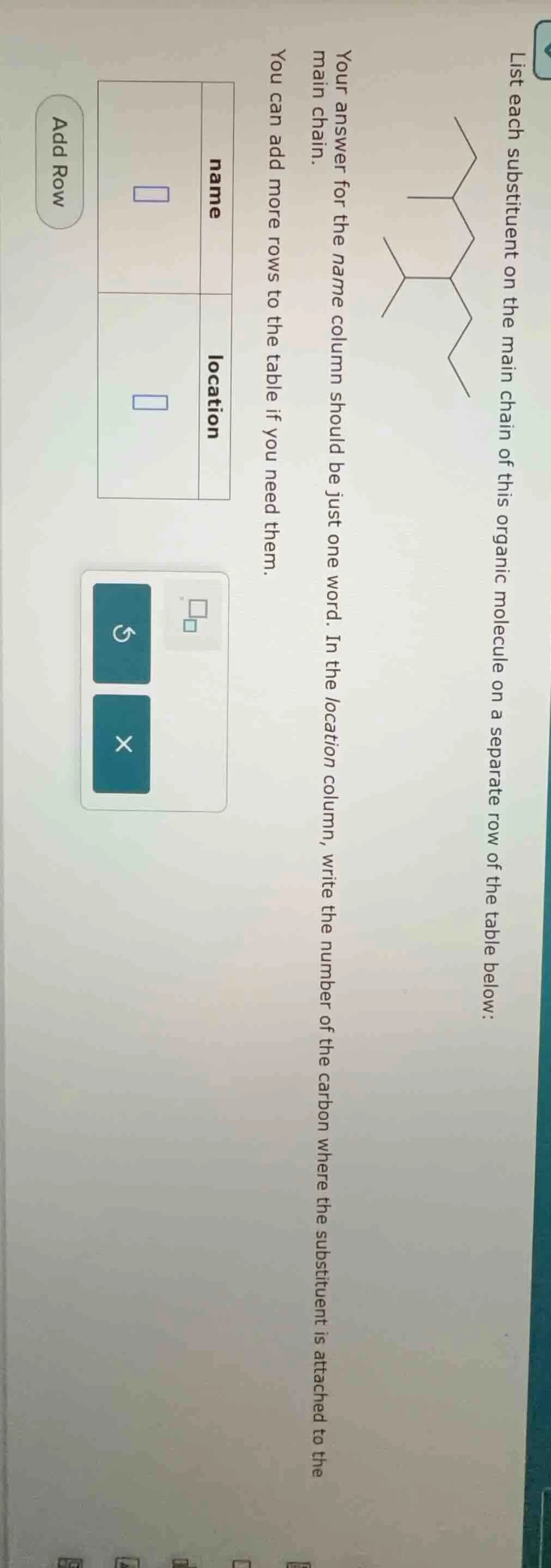 list each substituent on the main chain of this organic molecule on a s…