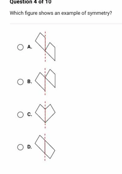 question 4 of 10 which figure shows an example of symmetry? a. b. c. d.