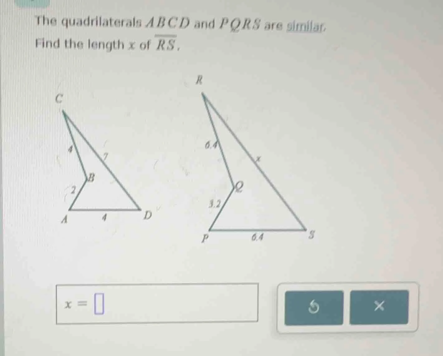 the quadrilaterals (abcd) and (pqrs) are similar. find the length (x) o…