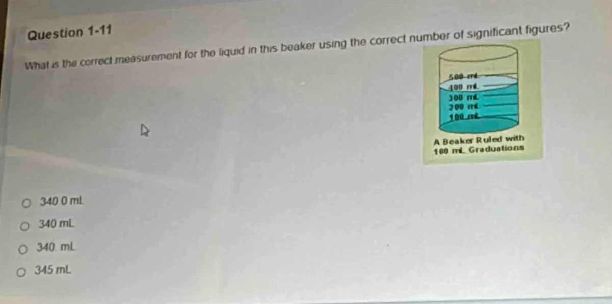 question 1-11 what is the correct measurement for the liquid in this be…