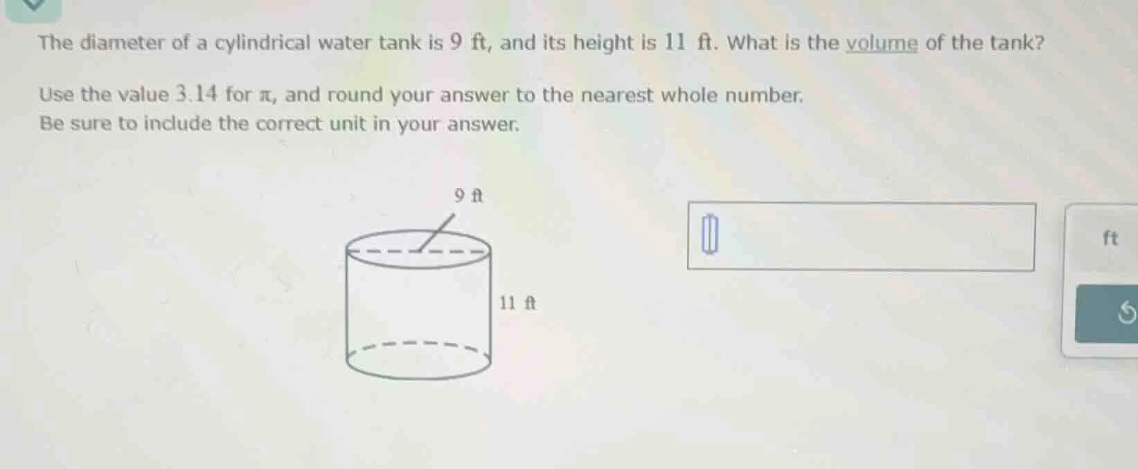 the diameter of a cylindrical water tank is 9 ft, and its height is 11 …