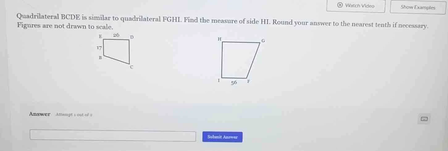 quadrilateral bcde is similar to quadrilateral fghi. find the measure o…