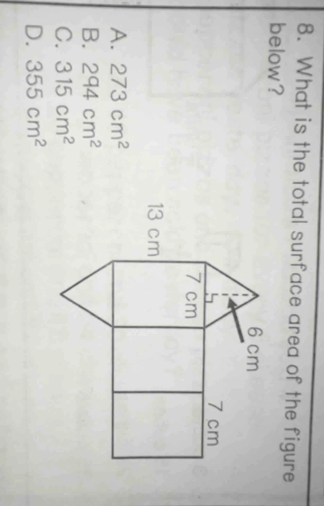 8. what is the total surface area of the figure below? a. 273 cm² b. 29…