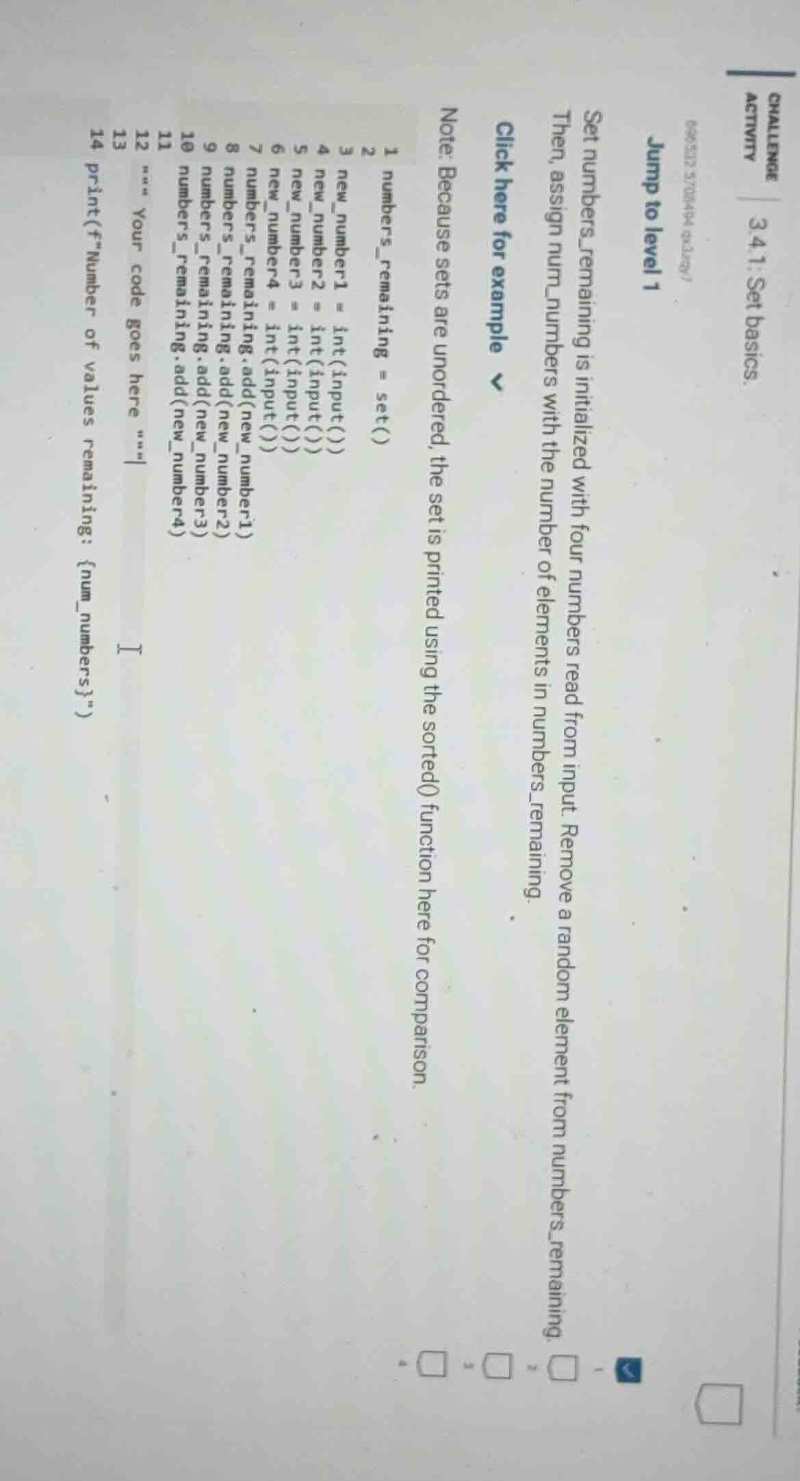 challenge activity 3.4.1: set basics. (896312.57084946297) jump to leve…