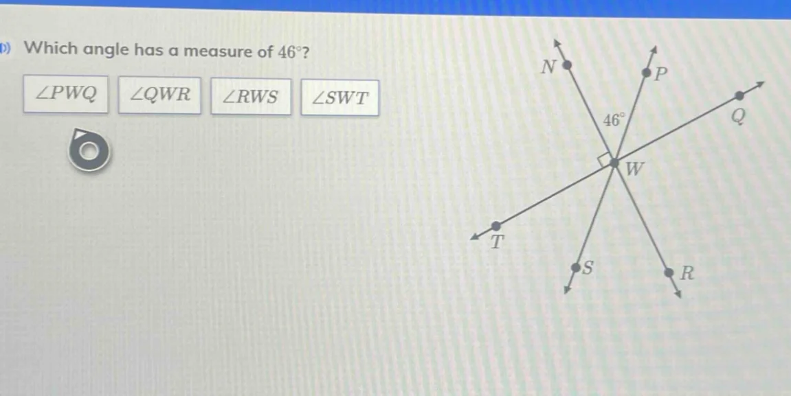 which angle has a measure of 46°? ∠pwq ∠qwr ∠rws ∠swt
