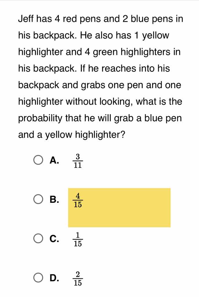 jeff has 4 red pens and 2 blue pens in his backpack. he also has 1 yell…