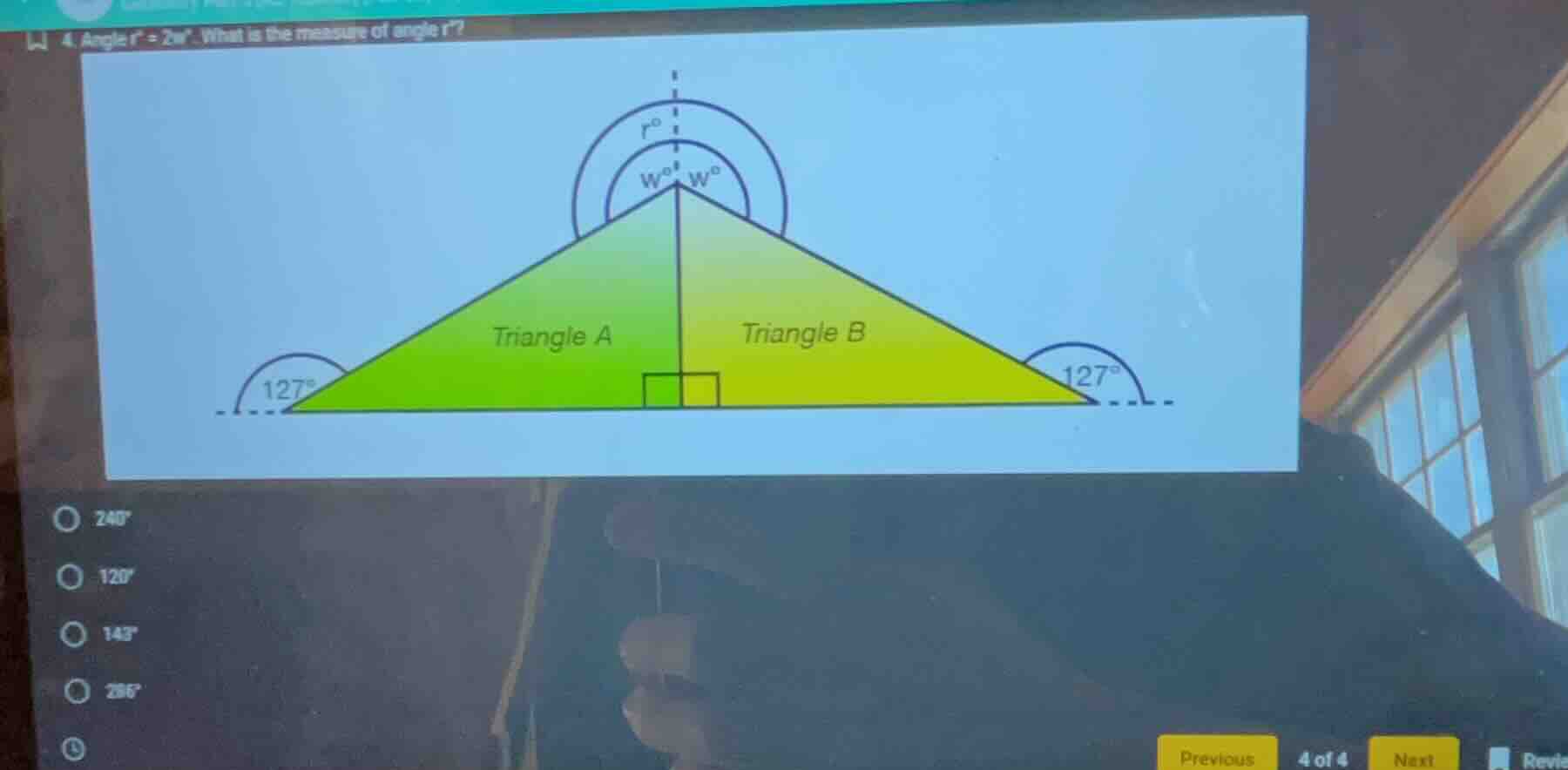 4. angle ( r^circ = 2w^circ ). what is the measure of angle ( r )? opti…
