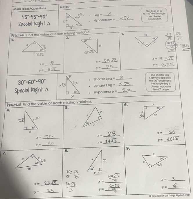 main ideas/questions notes 45°-45°-90° special right δ - leg = ( x ) - …