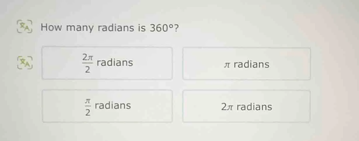 how many radians is 360°? \\(\frac{2pi}{2}\\) radians \\(pi\\) radians …