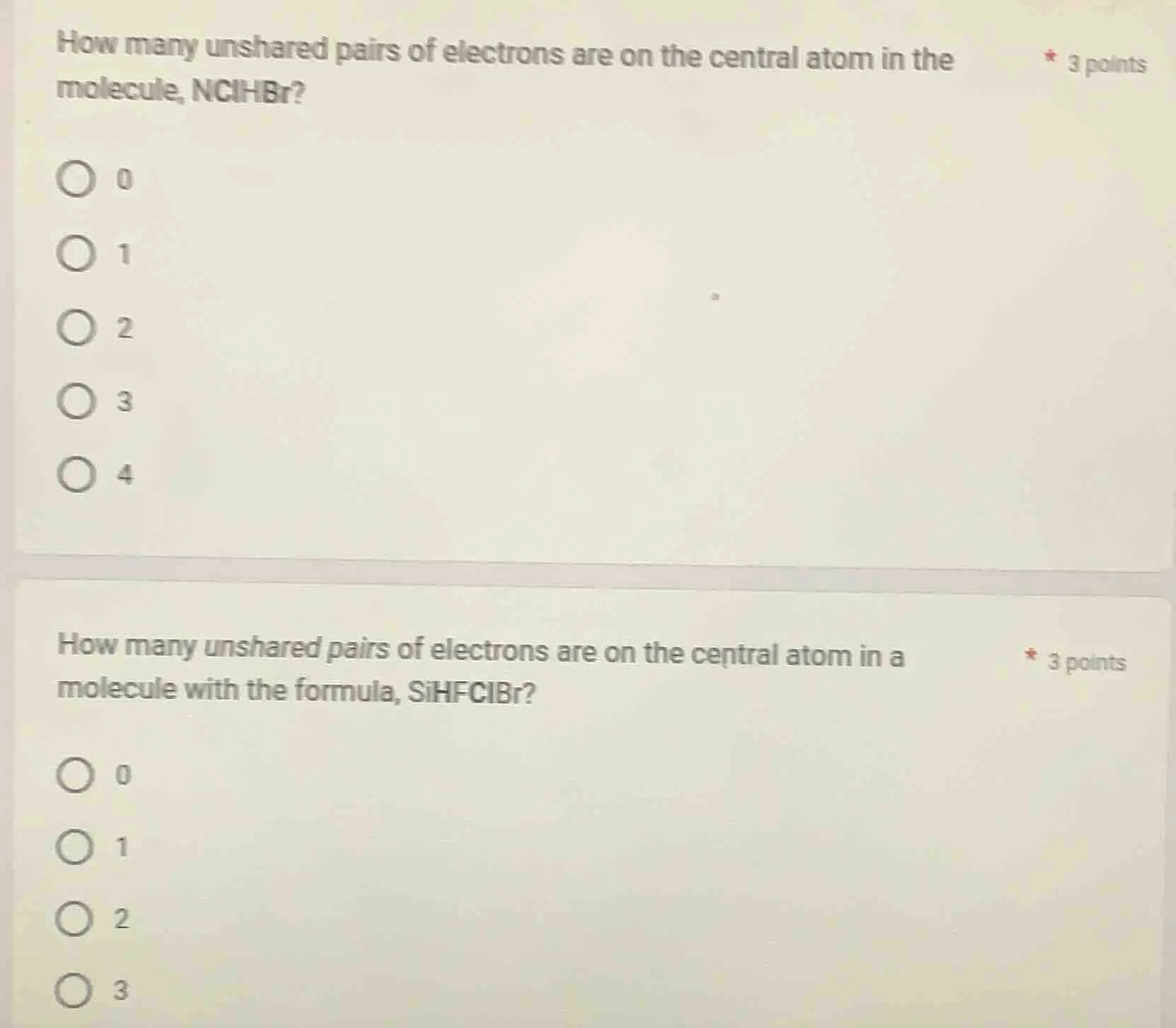 how many unshared pairs of electrons are on the central atom in the mol…