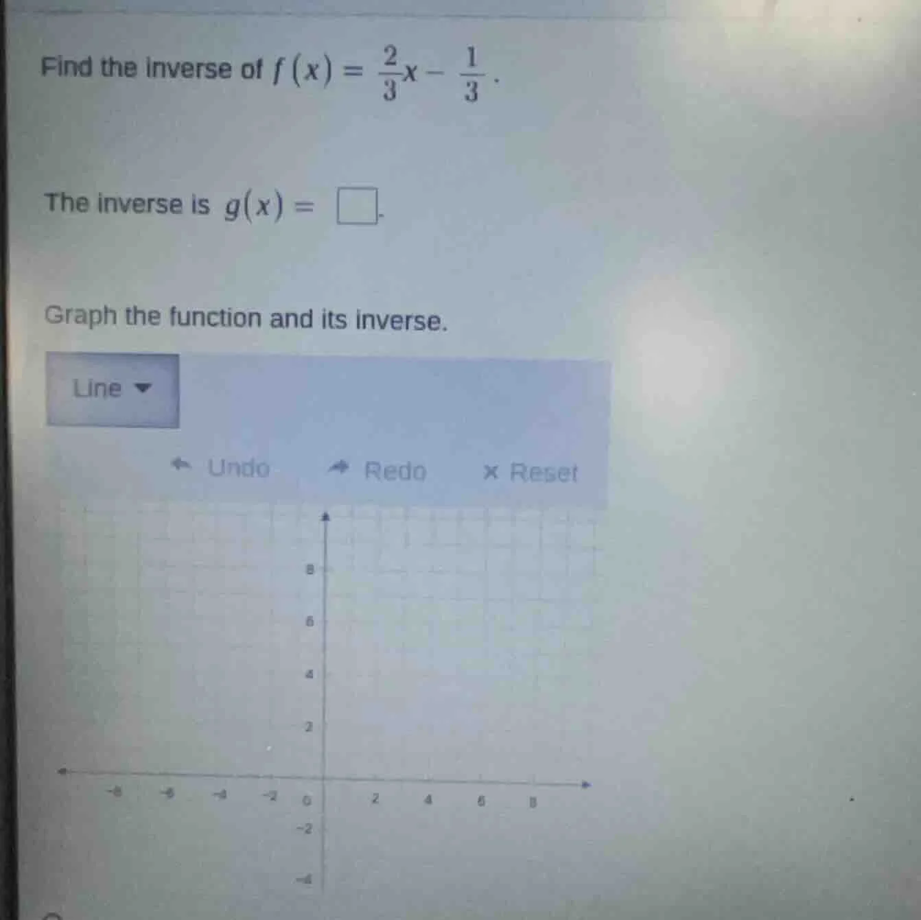 find the inverse of $f(x)=\frac{2}{3}x - \frac{1}{3}$. the inverse is $…