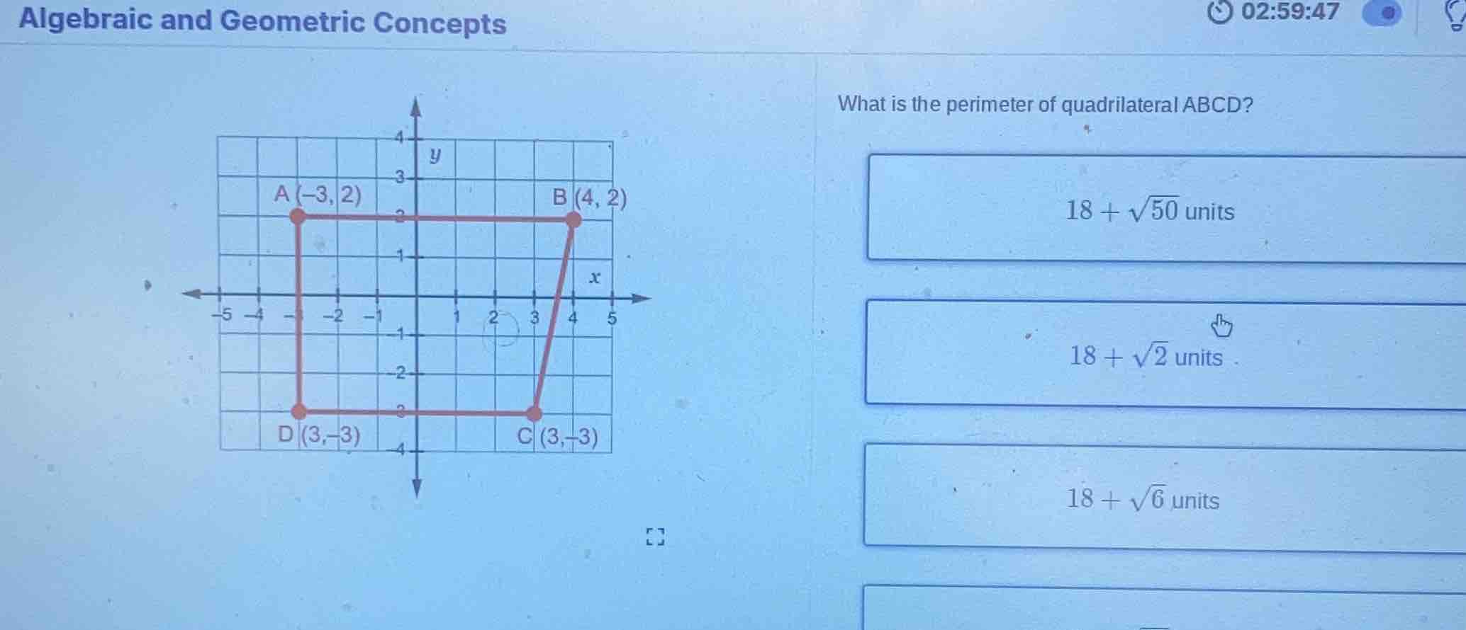 algebraic and geometric concepts what is the perimeter of quadrilateral…