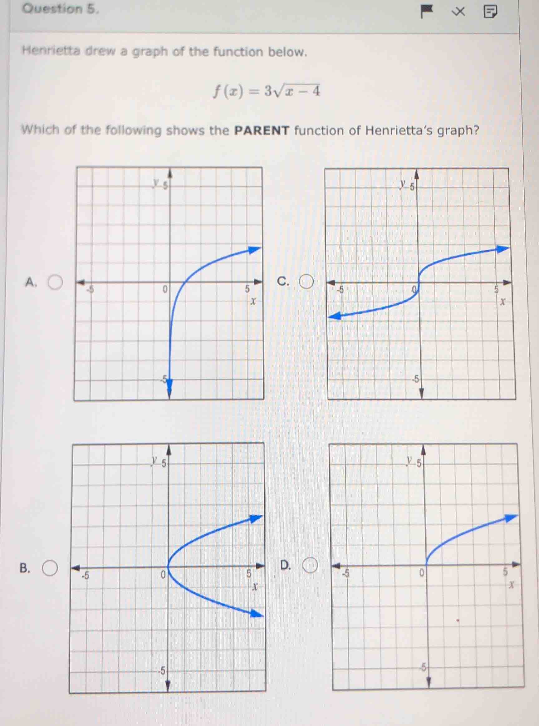 question 5. henrietta drew a graph of the function below. $f(x) = 3\\sq…